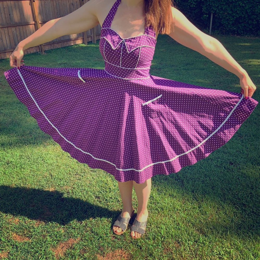 Purple polka dot halter dress with pockets